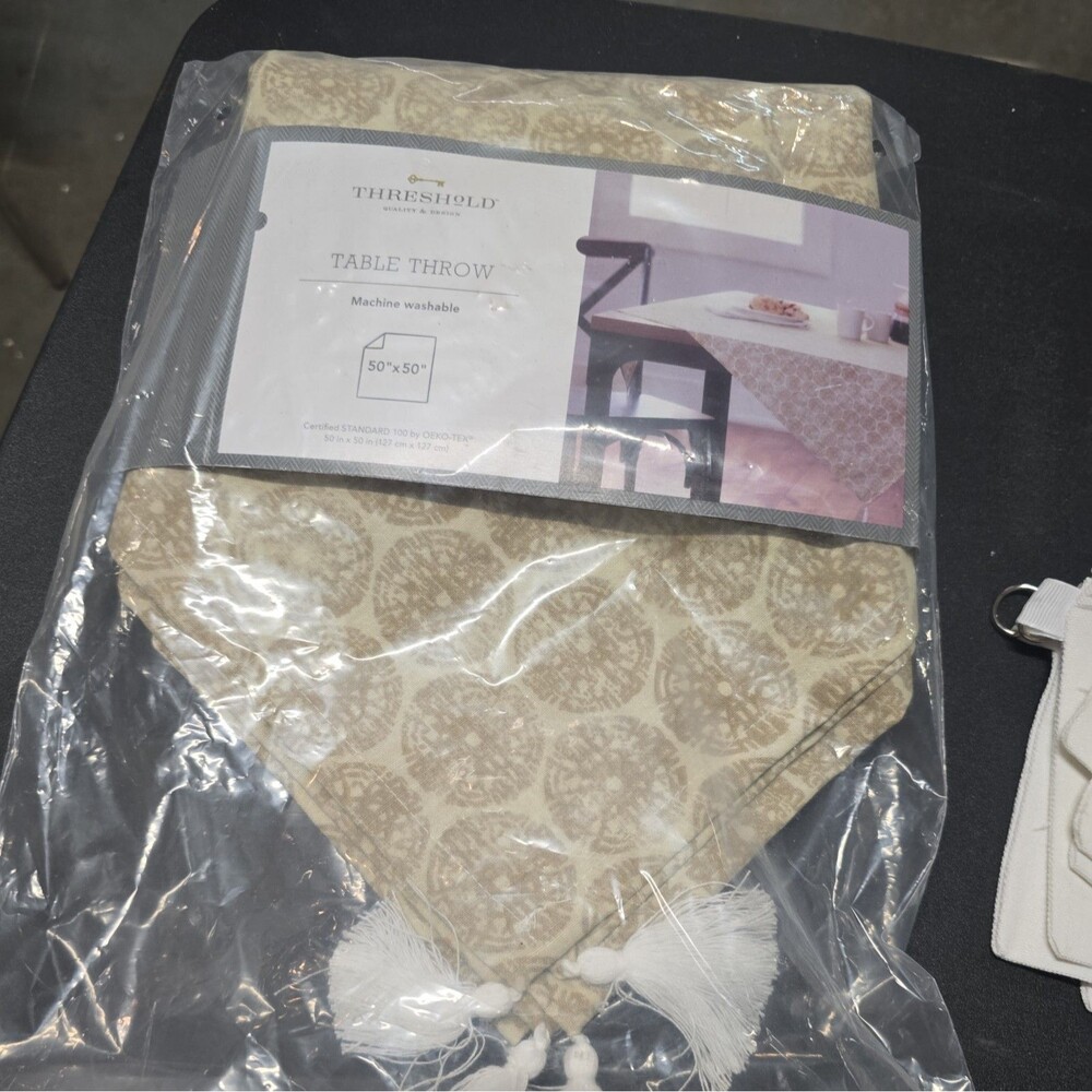 Threshold 50" x 50" Square Beige Medallion Table Throw with Tassels NEW